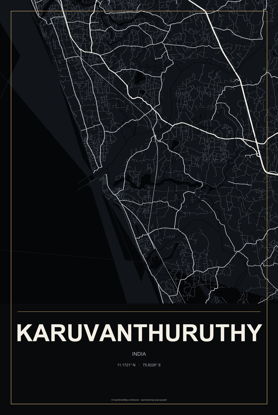 Karuvanthuruthy, India City Map Aluminum Sign in Metropolitan Noir style