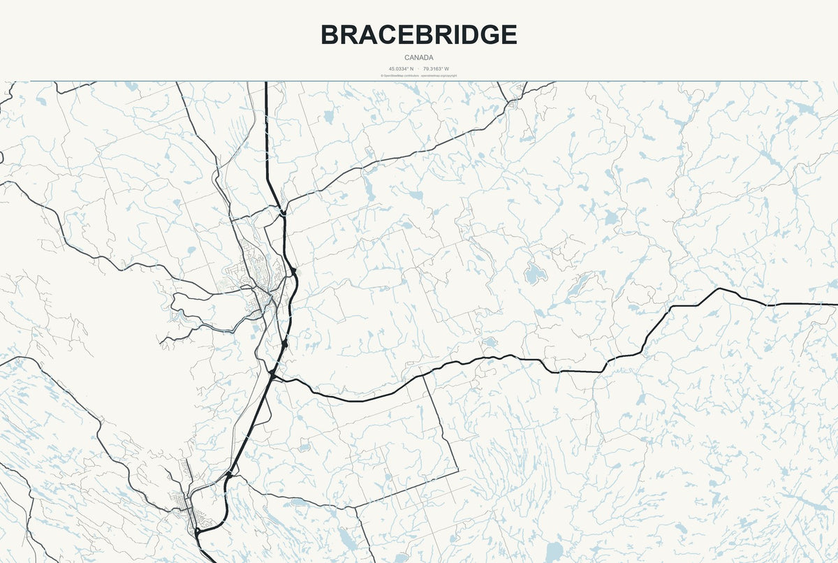 Bracebridge, Canada City Map Aluminum Sign in Headline Atlas style