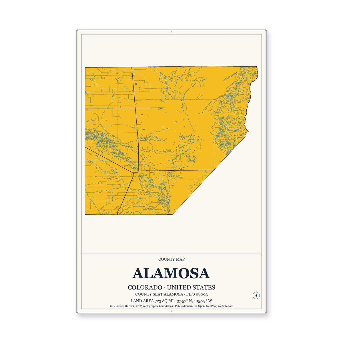 Alamosa County, Colorado Map Aluminum Sign in Citrine Modern style