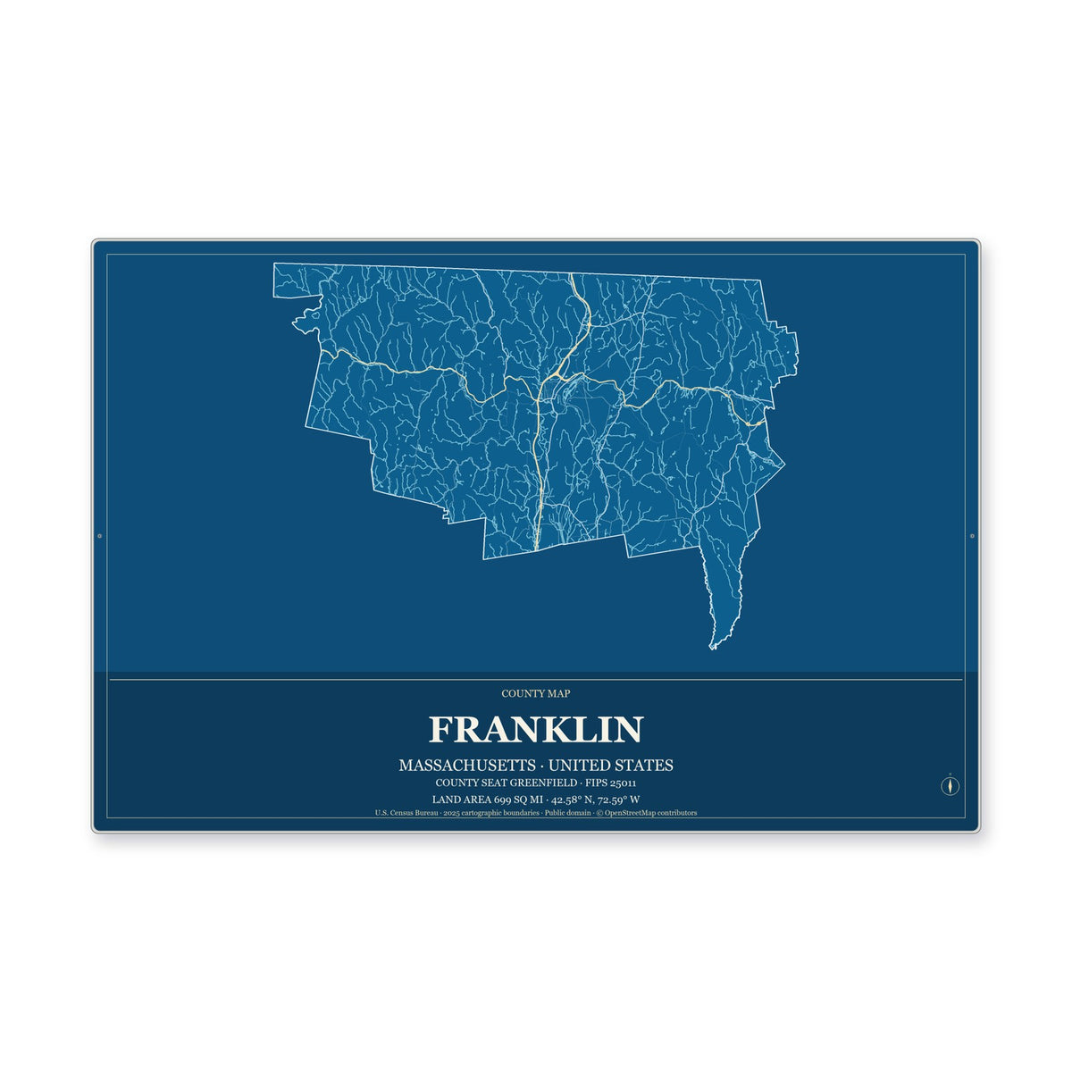 Franklin County, Massachusetts Map Aluminum Sign in Harbor Cobalt style