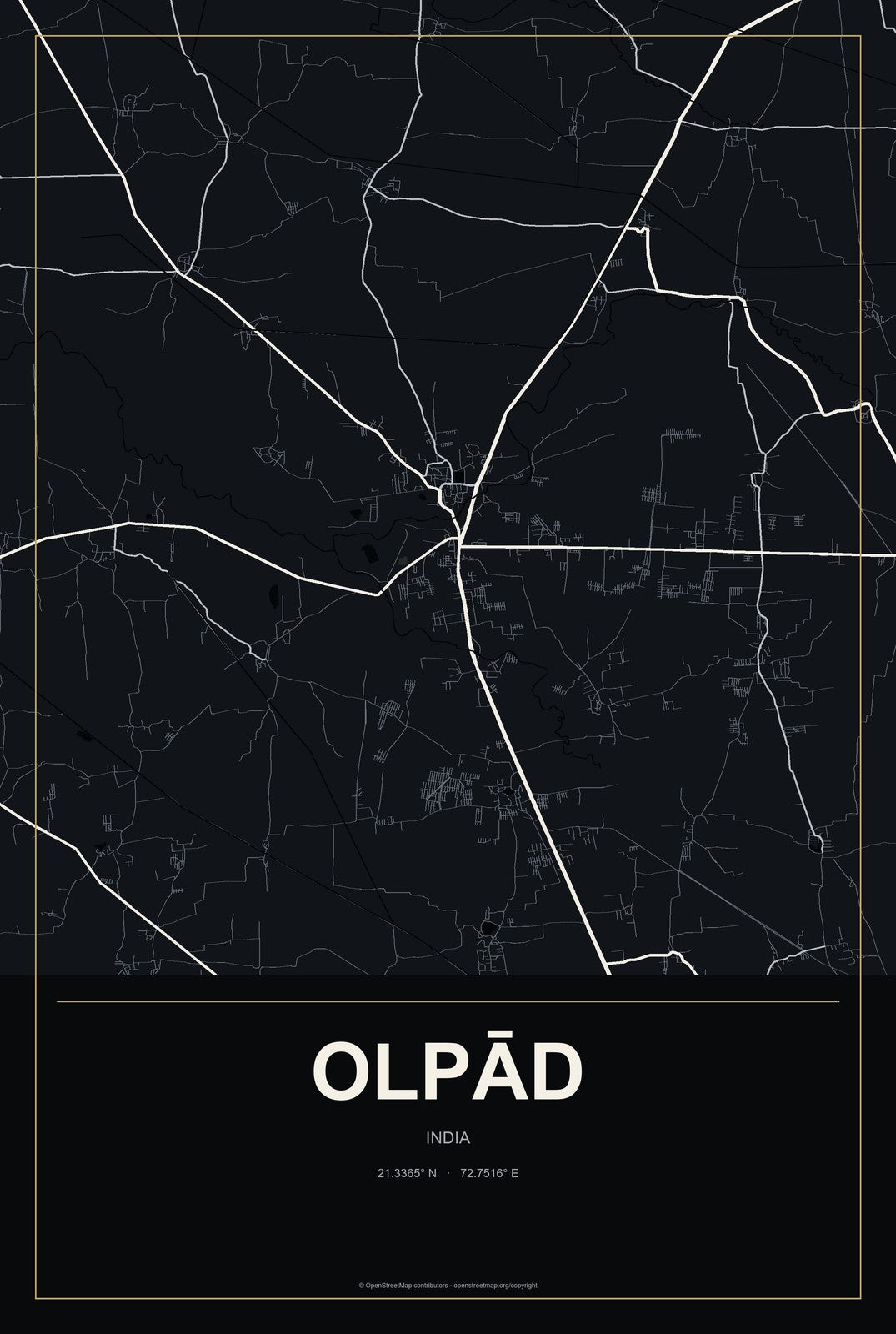 Olpād, India City Map Aluminum Sign in Metropolitan Noir style