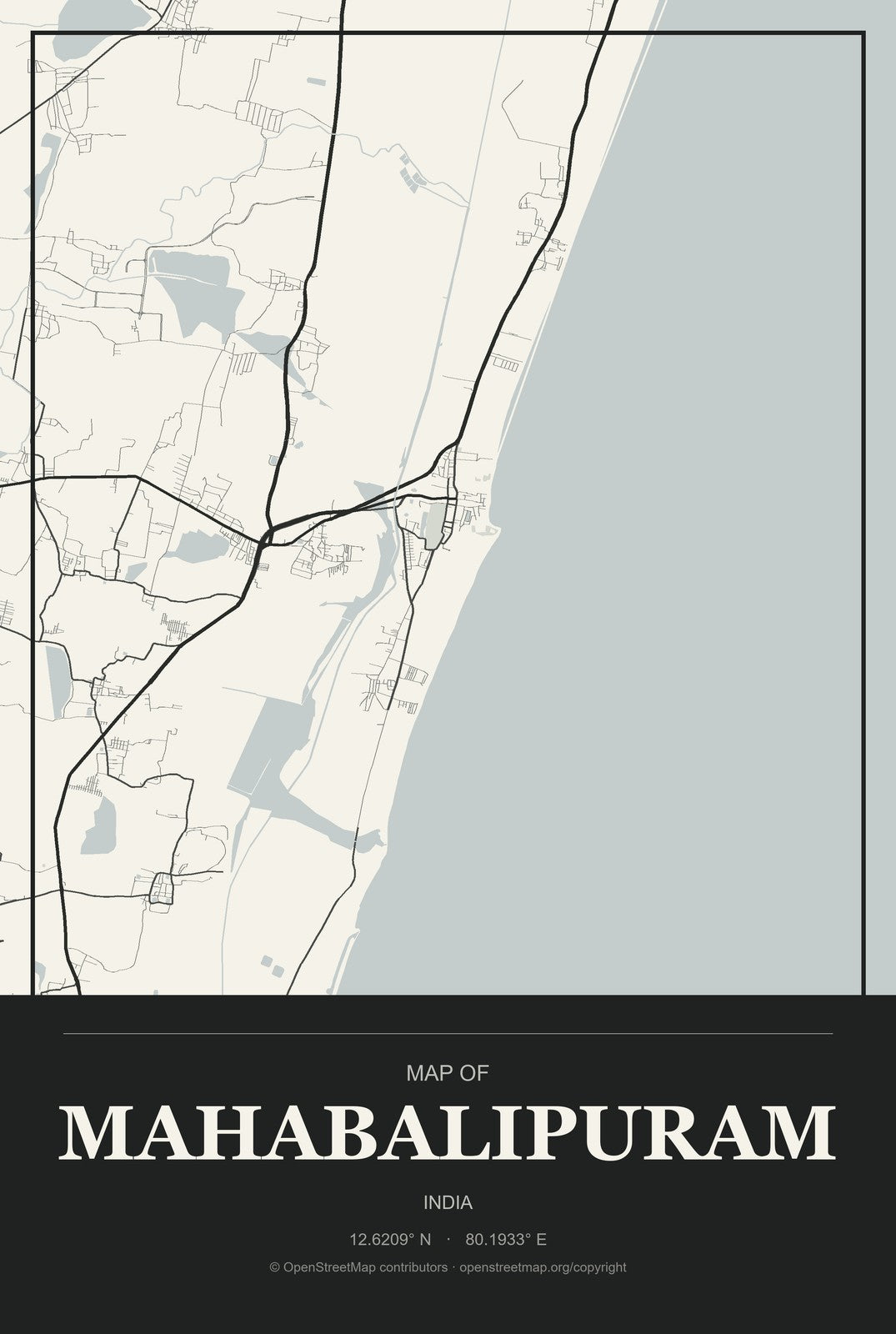 Mahabalipuram, India City Map Aluminum Sign in Museum Plaque style