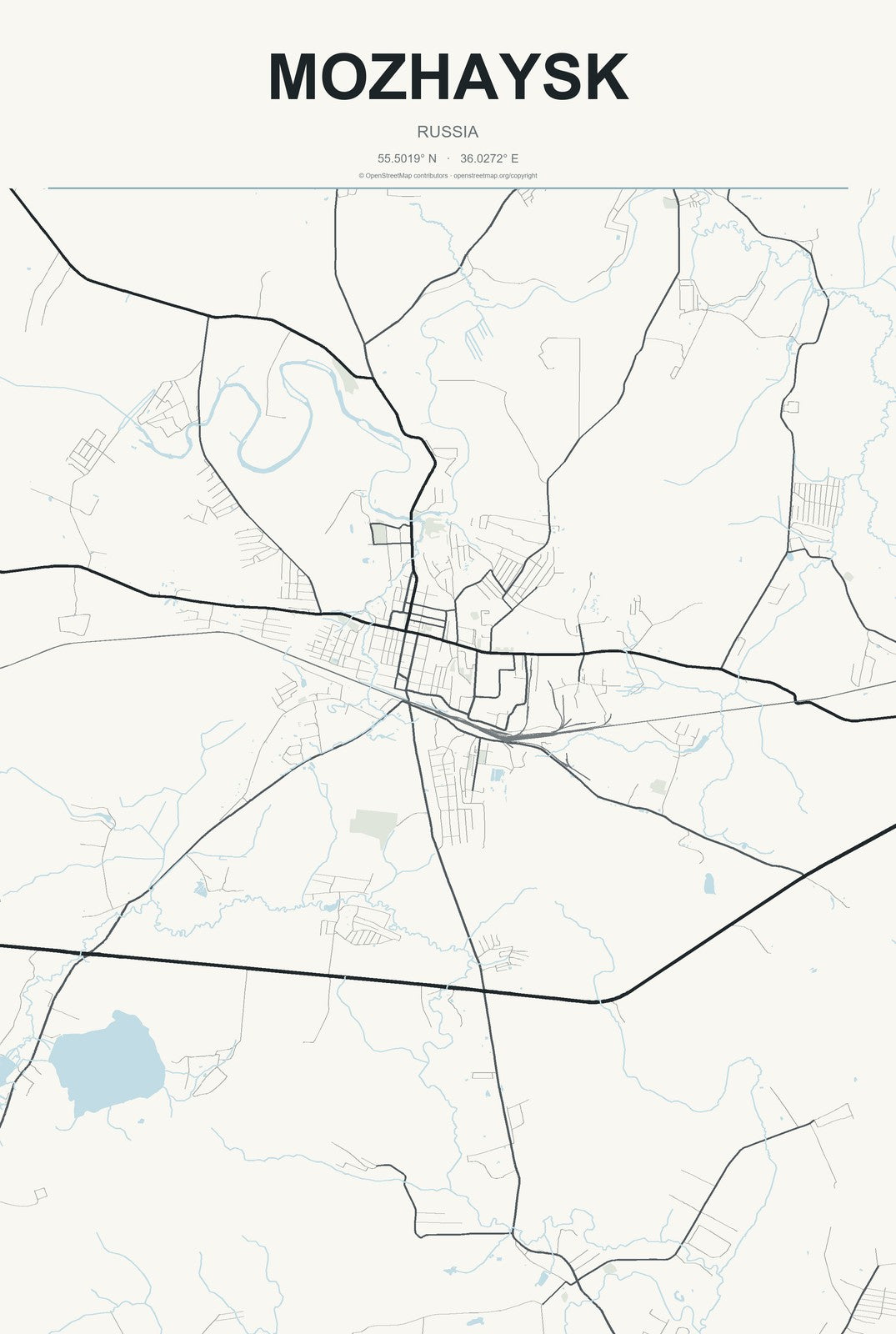 Mozhaysk, Russia City Map Aluminum Sign in Headline Atlas style