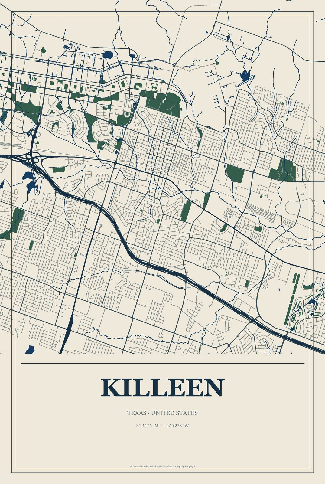 Killeen, Texas City Map Aluminum Sign in Coastal Cutout style