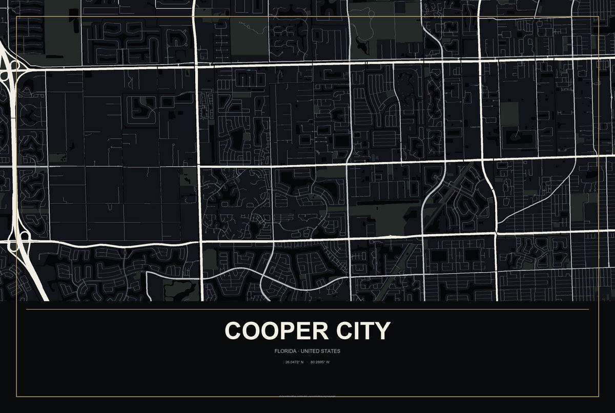 Cooper City, Florida City Map Aluminum Sign in Metropolitan Noir style