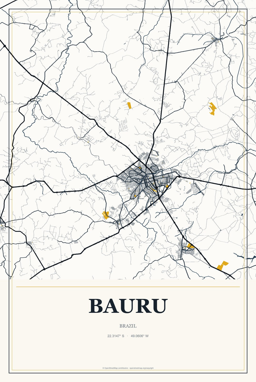 Bauru, Brazil City Map Aluminum Sign in Citrine Modern style