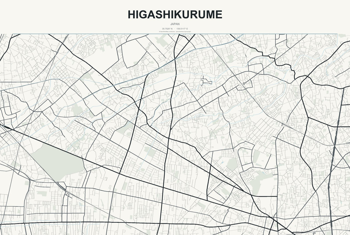 Higashikurume, Japan City Map Aluminum Sign in Headline Atlas style