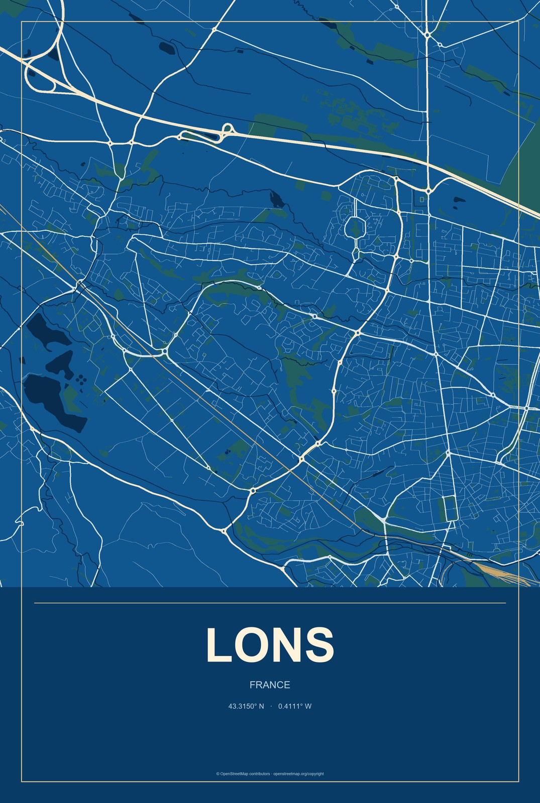 Lons, France City Map Aluminum Sign in Harbor Cobalt style