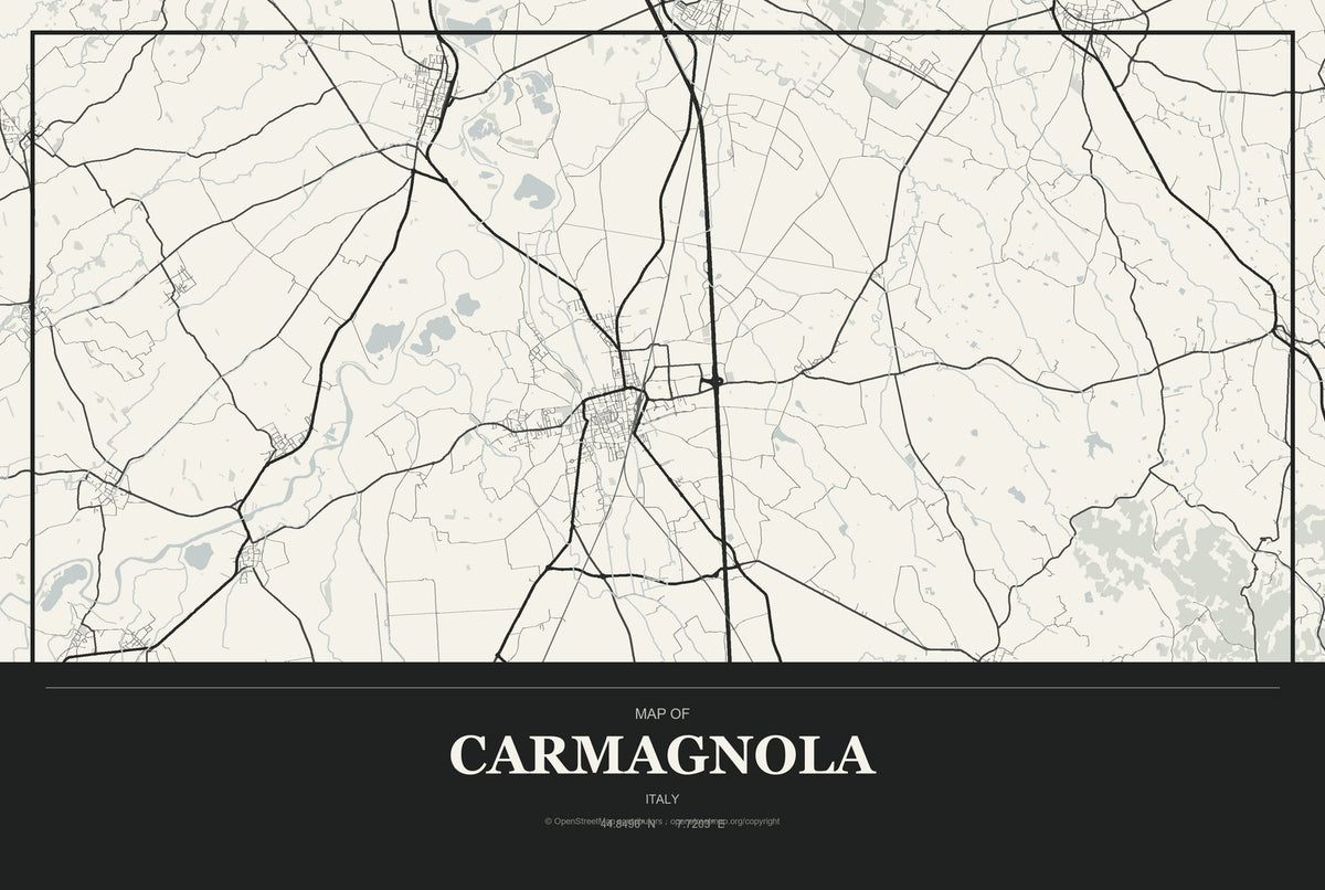 Carmagnola, Italy City Map Aluminum Sign in Museum Plaque style