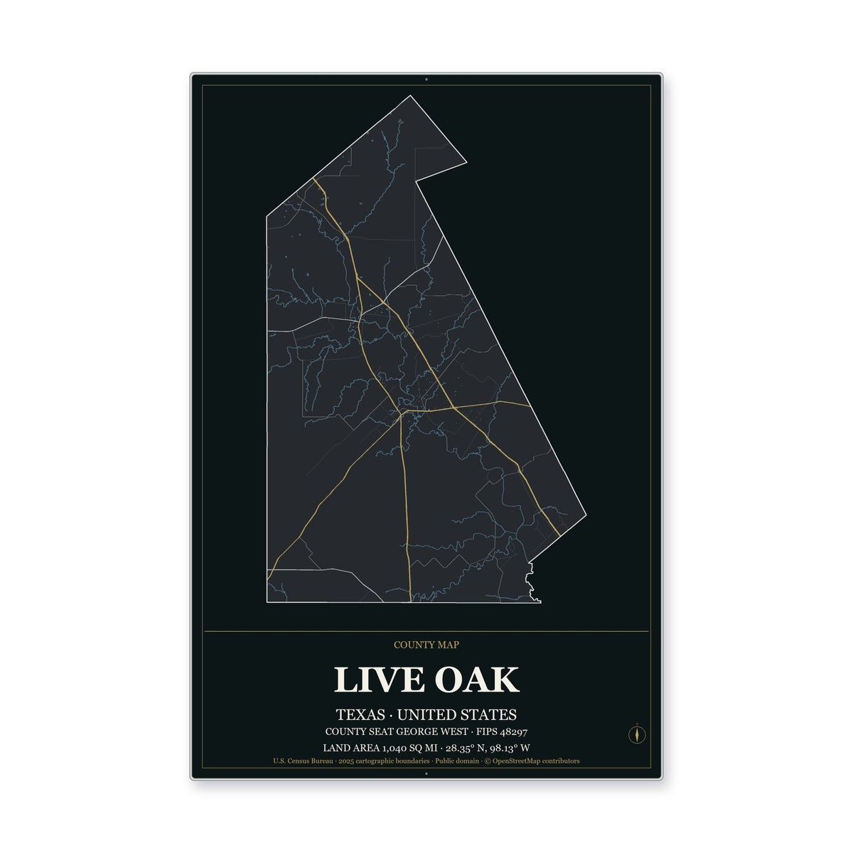 Live Oak County, Texas Map Aluminum Sign in Metropolitan Noir style