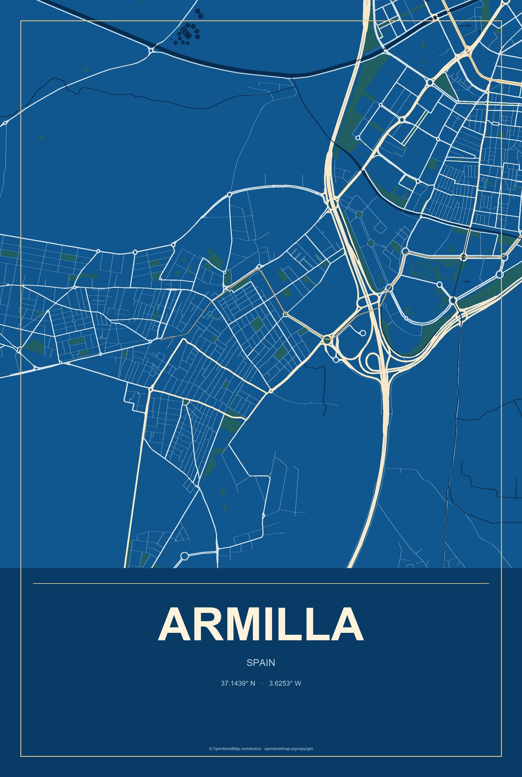 Armilla, Spain City Map Aluminum Sign in Harbor Cobalt style