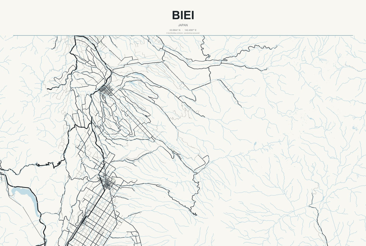 Biei, Japan City Map Aluminum Sign in Headline Atlas style