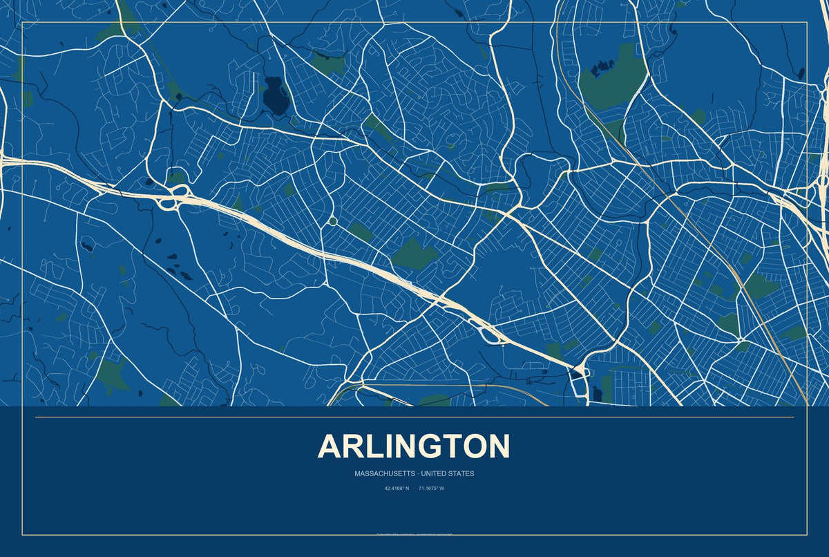Arlington, Massachusetts City Map Aluminum Sign in Harbor Cobalt style