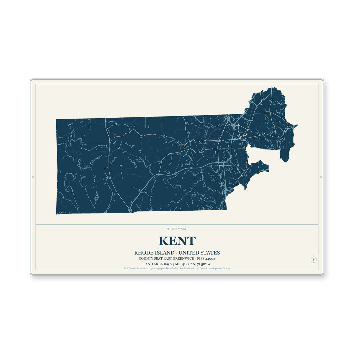 Kent County, Rhode Island Map Aluminum Sign in Coastal Cutout style