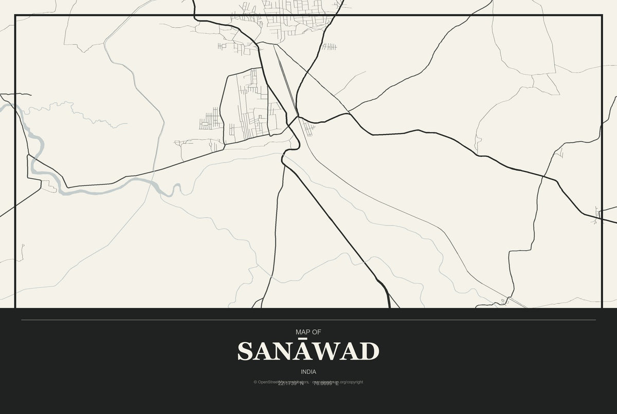 Sanāwad, India City Map Aluminum Sign in Museum Plaque style