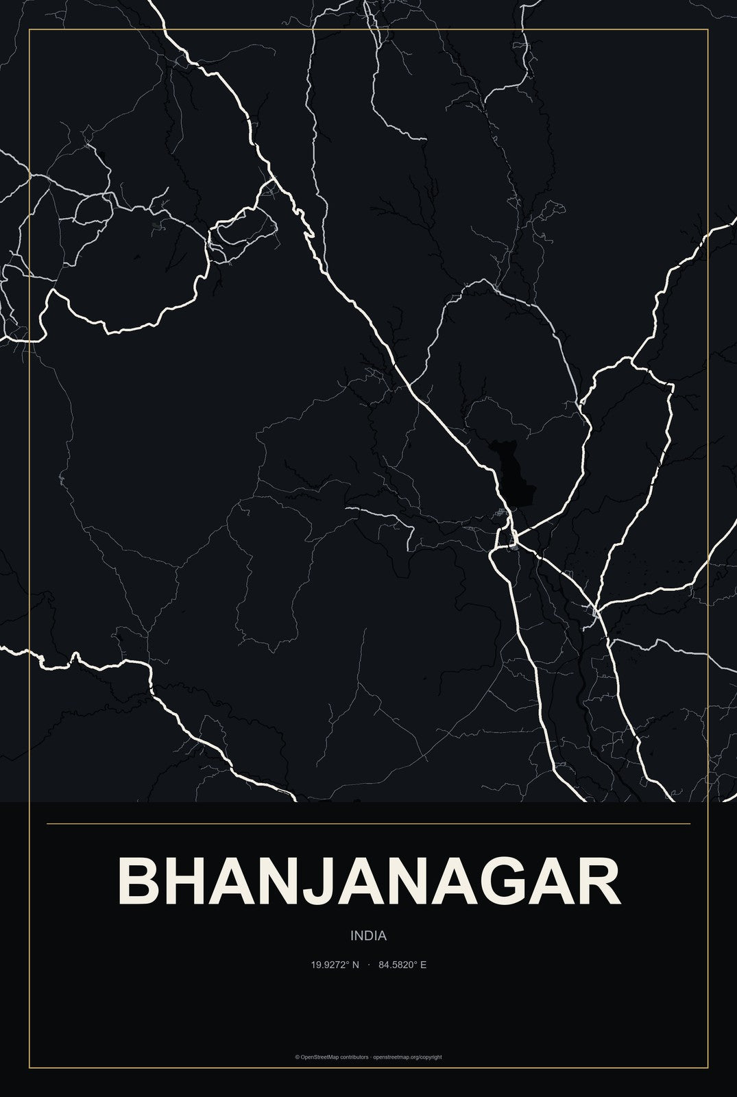 Bhanjanagar, India City Map Aluminum Sign in Metropolitan Noir style