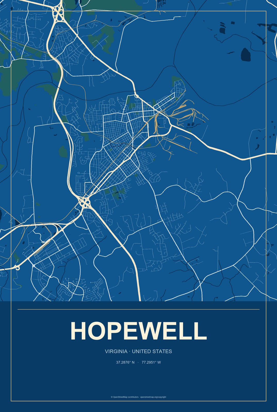 Hopewell, Virginia City Map Aluminum Sign in Harbor Cobalt style