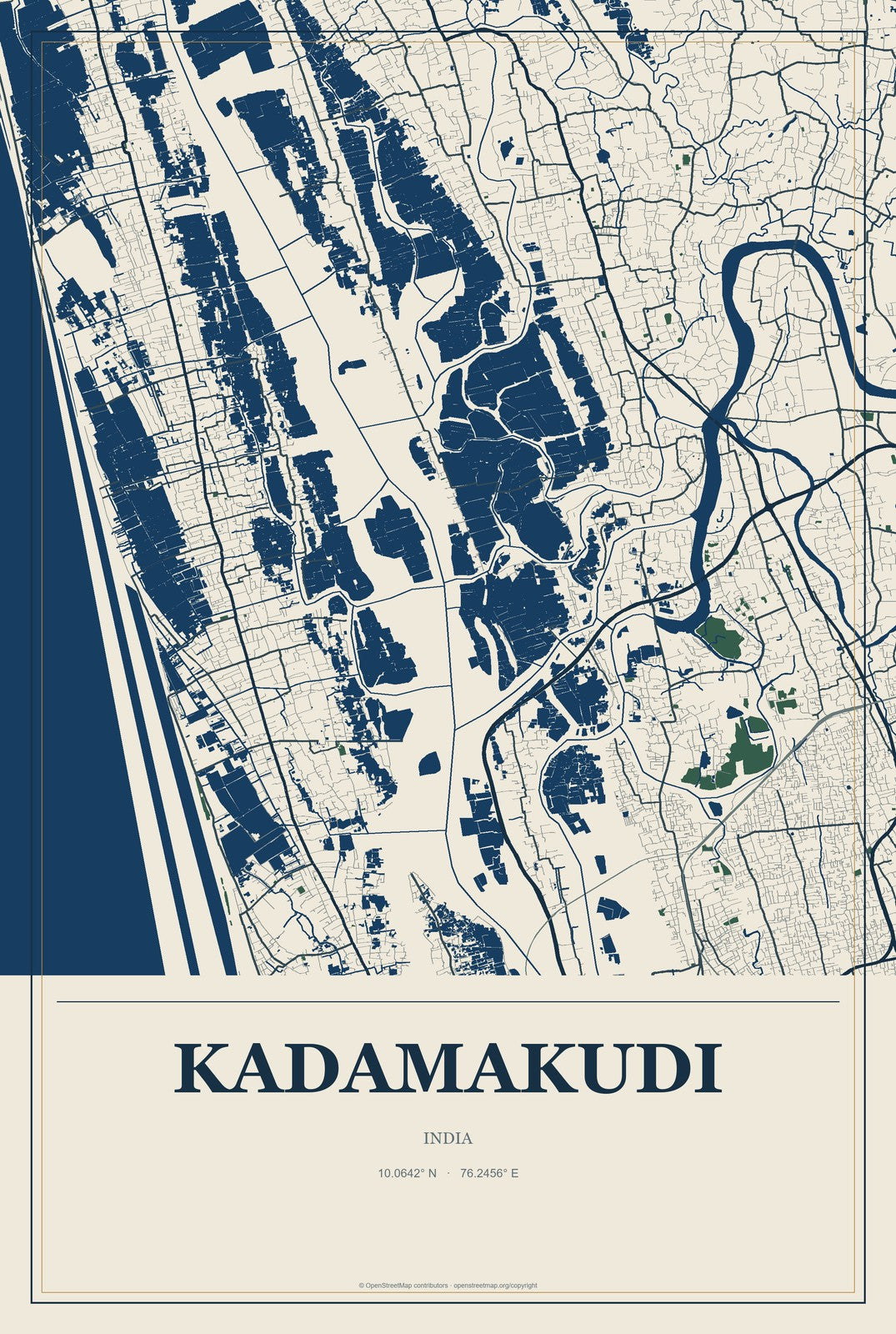 Kadamakudi, India City Map Aluminum Sign in Coastal Cutout style