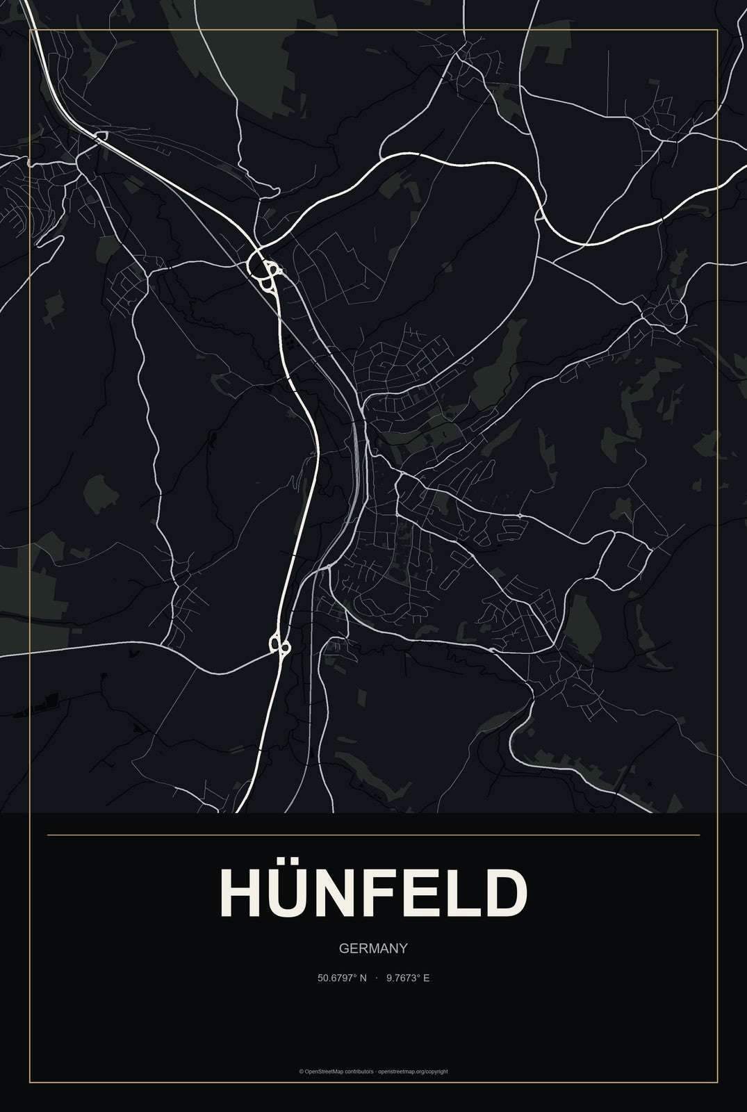 Hünfeld, Germany City Map Aluminum Sign in Metropolitan Noir style