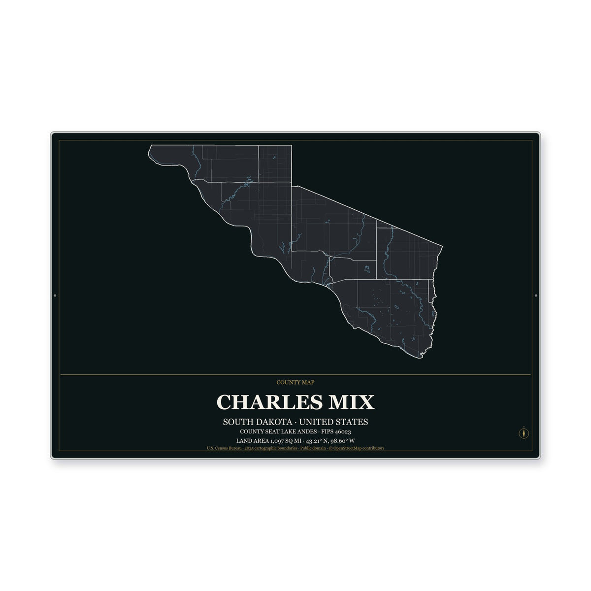 Charles Mix County, South Dakota Map Aluminum Sign in Metropolitan Noir style