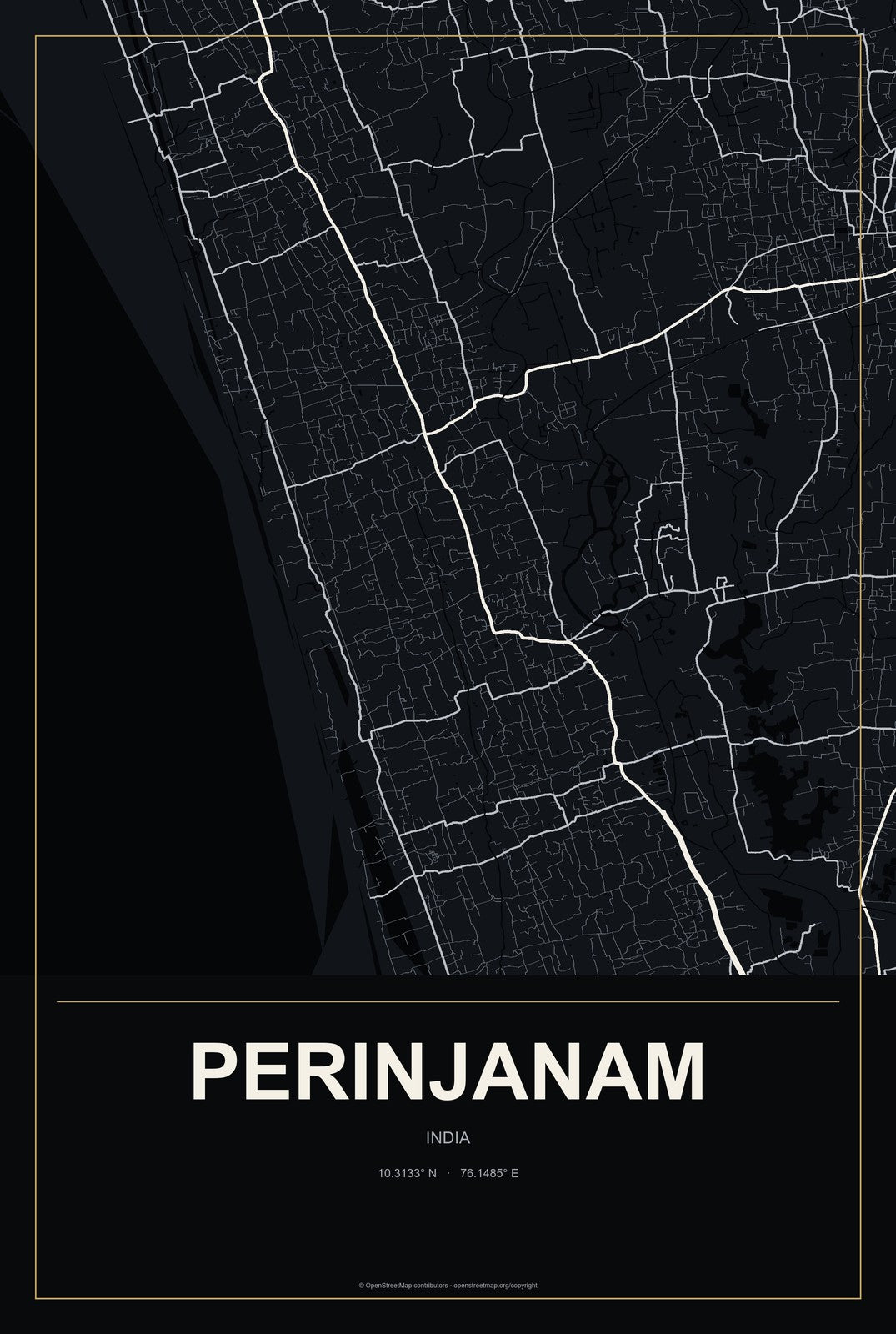 Perinjanam, India City Map Aluminum Sign in Metropolitan Noir style