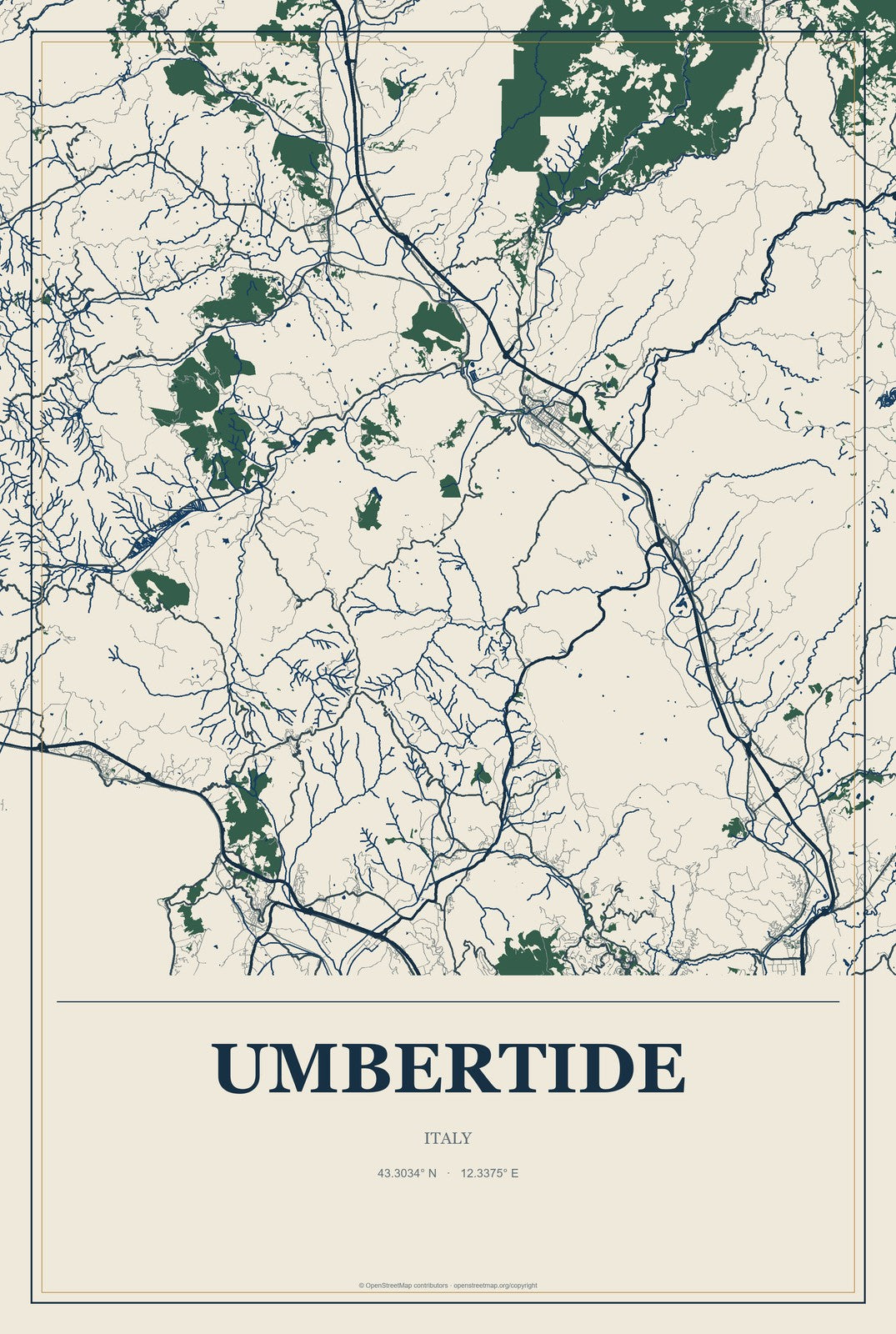 Umbertide, Italy City Map Aluminum Sign in Coastal Cutout style
