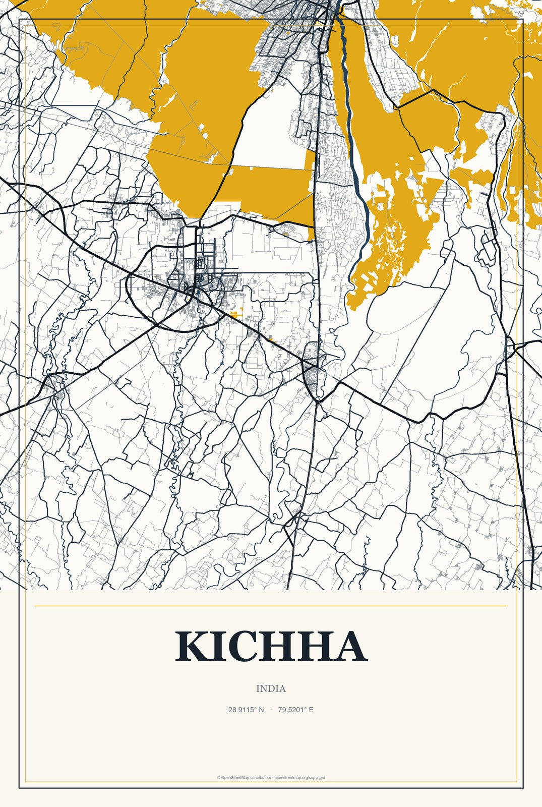 Kichha, India City Map Aluminum Sign in Citrine Modern style