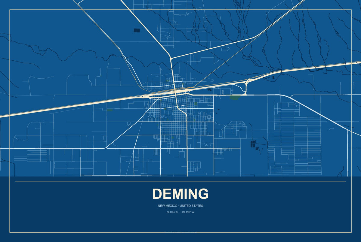 Deming, New Mexico City Map Aluminum Sign in Harbor Cobalt style