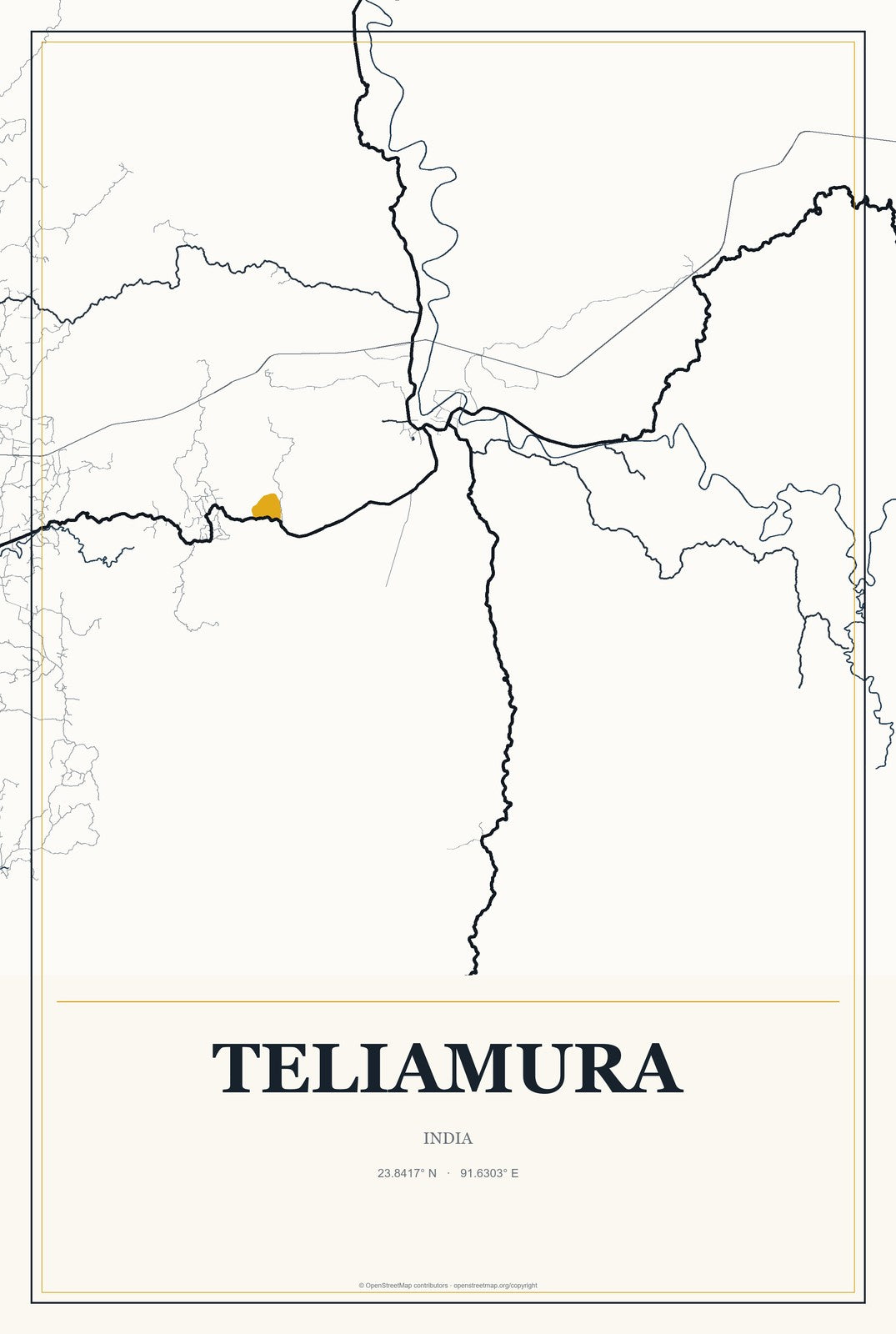 Teliamura, India City Map Aluminum Sign in Citrine Modern style