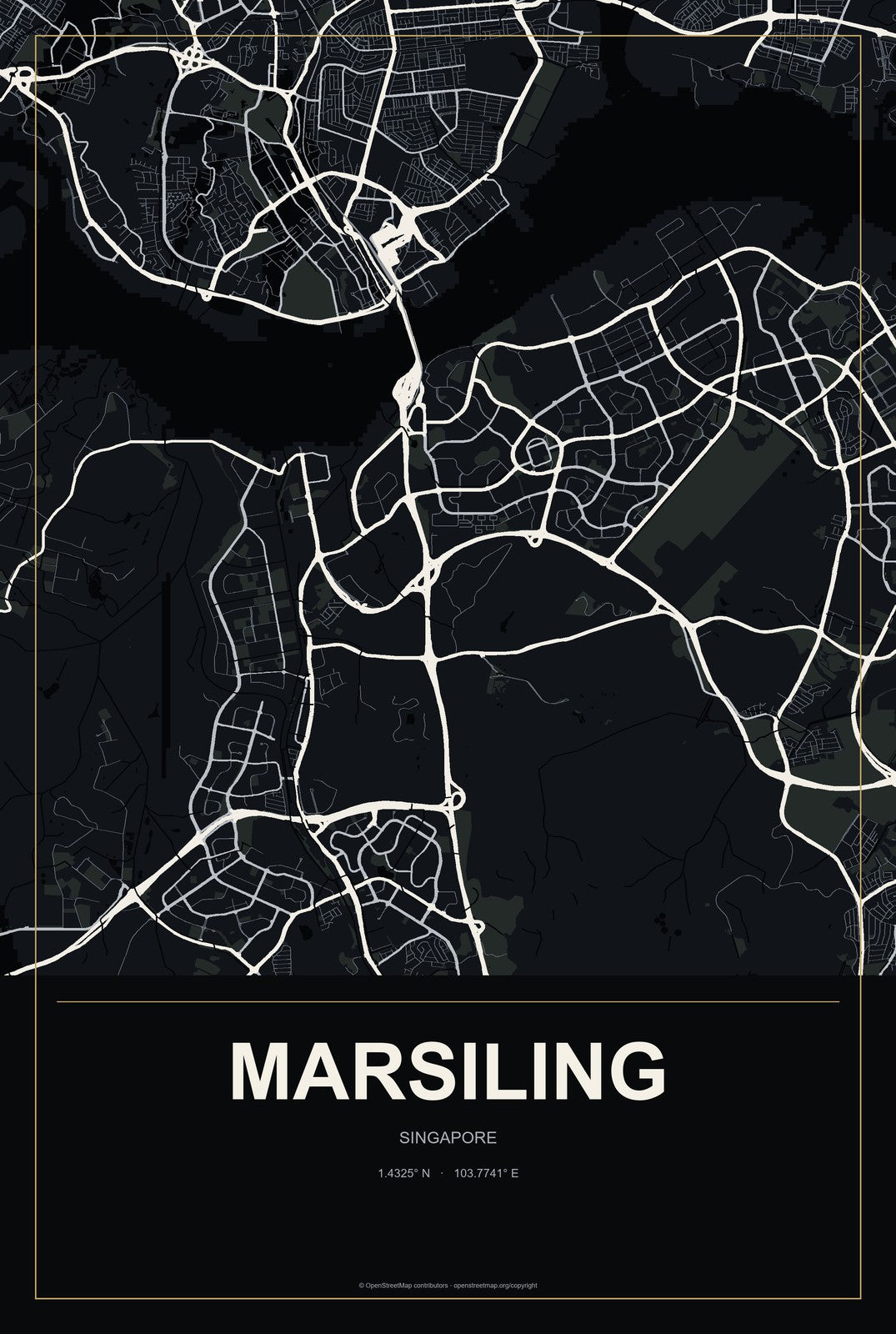Marsiling, Singapore City Map Aluminum Sign in Metropolitan Noir style