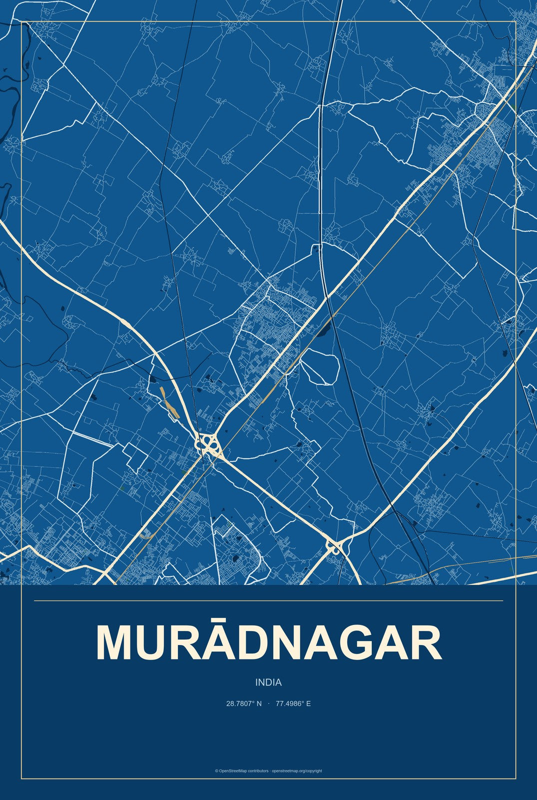 Murādnagar, India City Map Aluminum Sign in Harbor Cobalt style