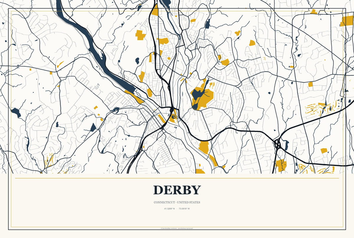 Derby, Connecticut City Map Aluminum Sign in Citrine Modern style