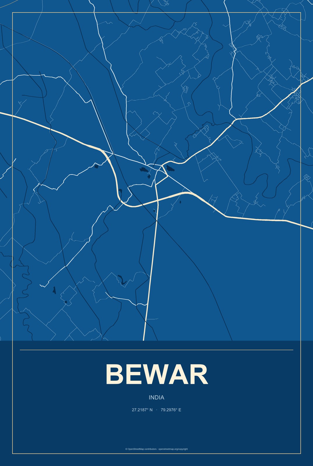 Bewar, India City Map Aluminum Sign in Harbor Cobalt style