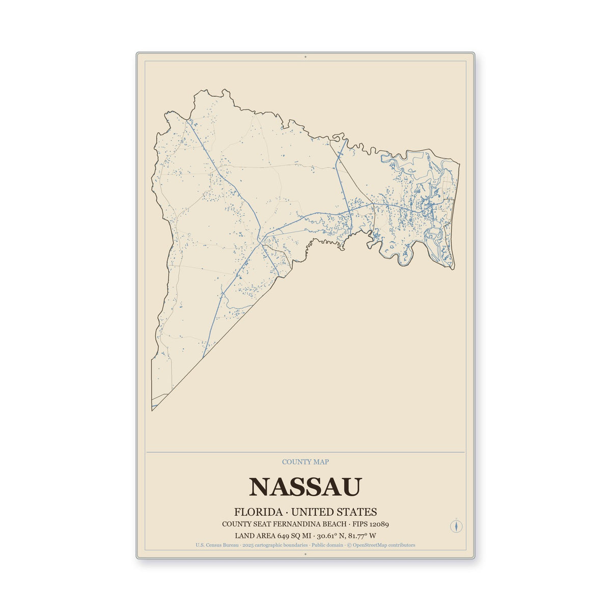 Nassau County, Florida Map Aluminum Sign in Heritage Nautical style