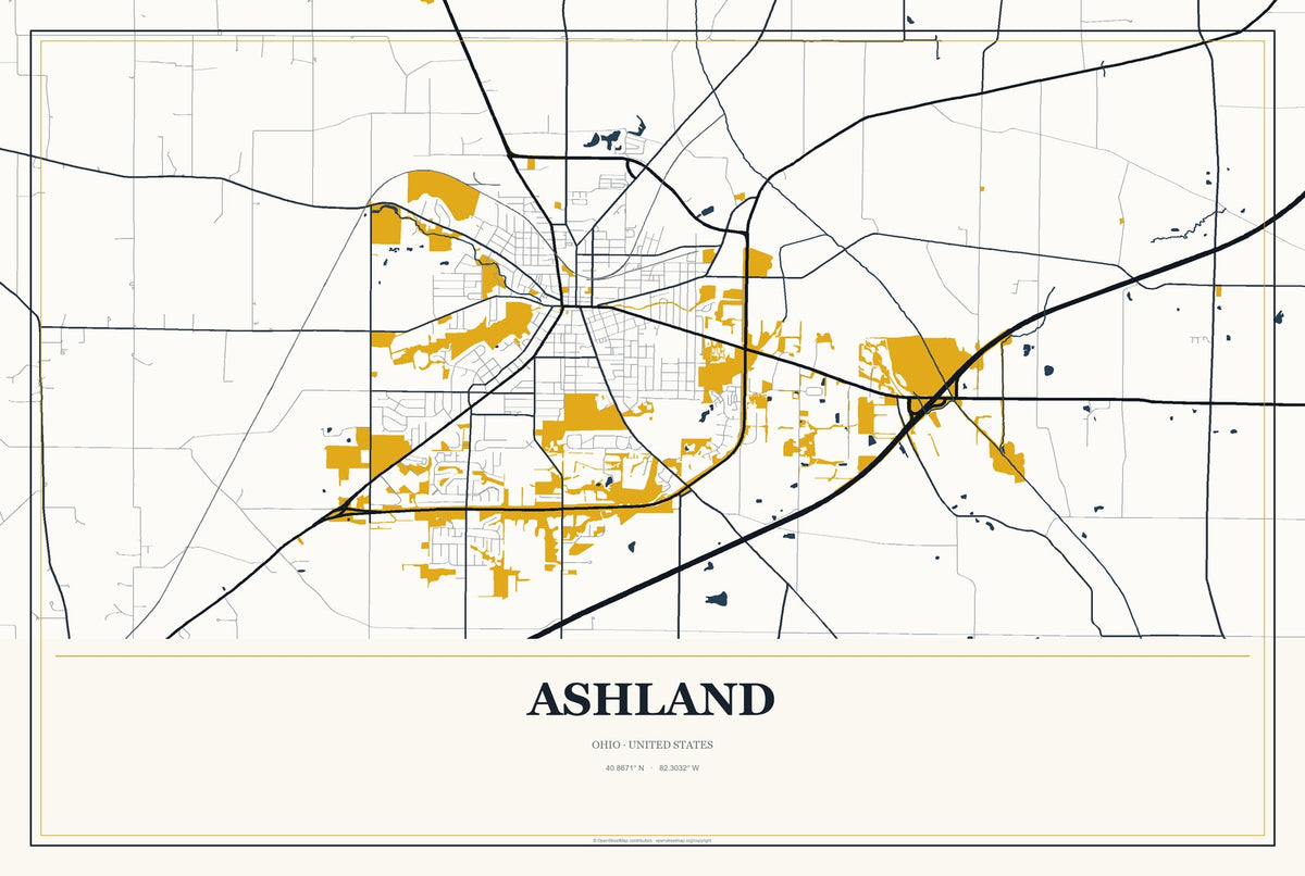 Ashland, Ohio City Map Aluminum Sign in Citrine Modern style