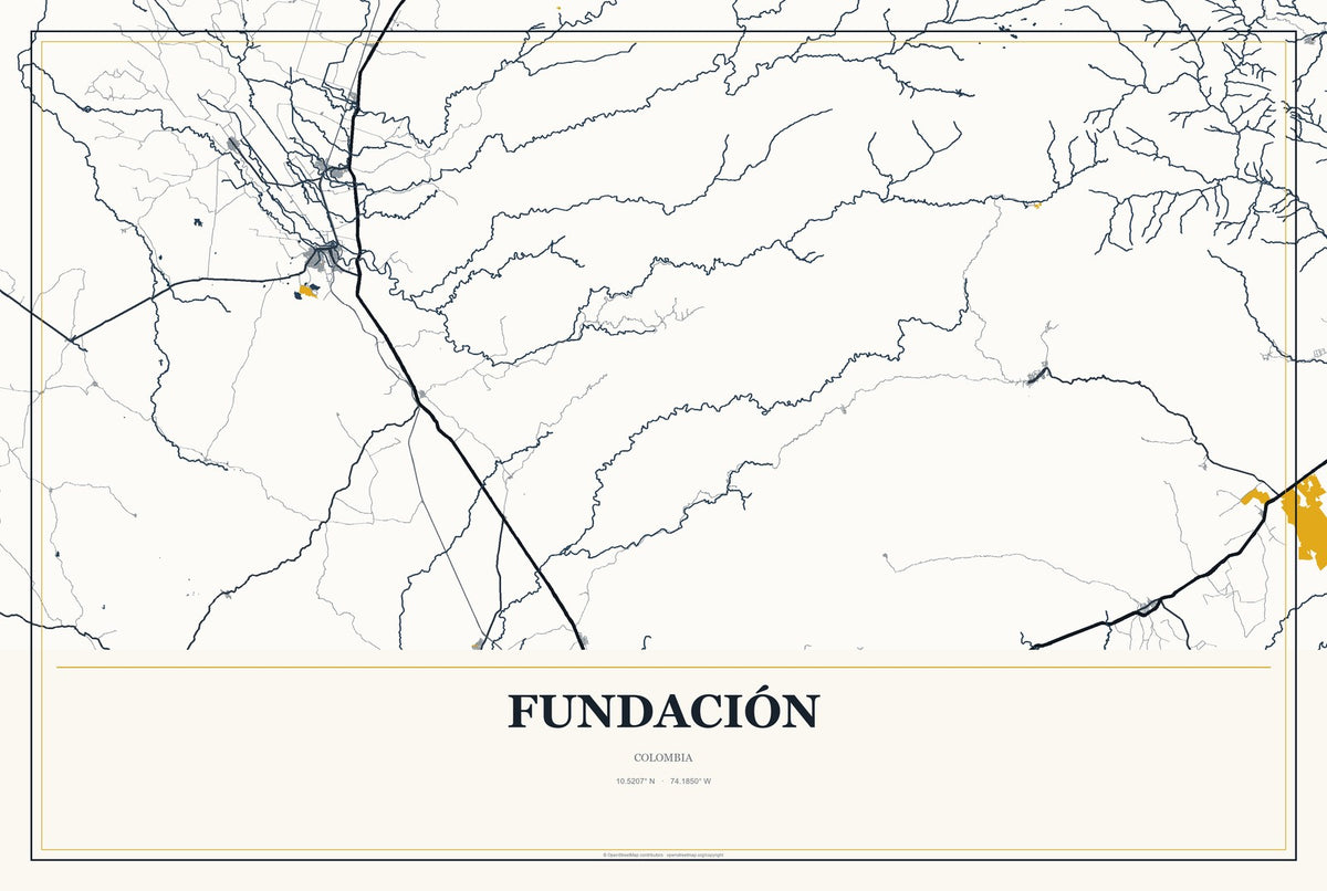 Fundación, Colombia City Map Aluminum Sign in Citrine Modern style
