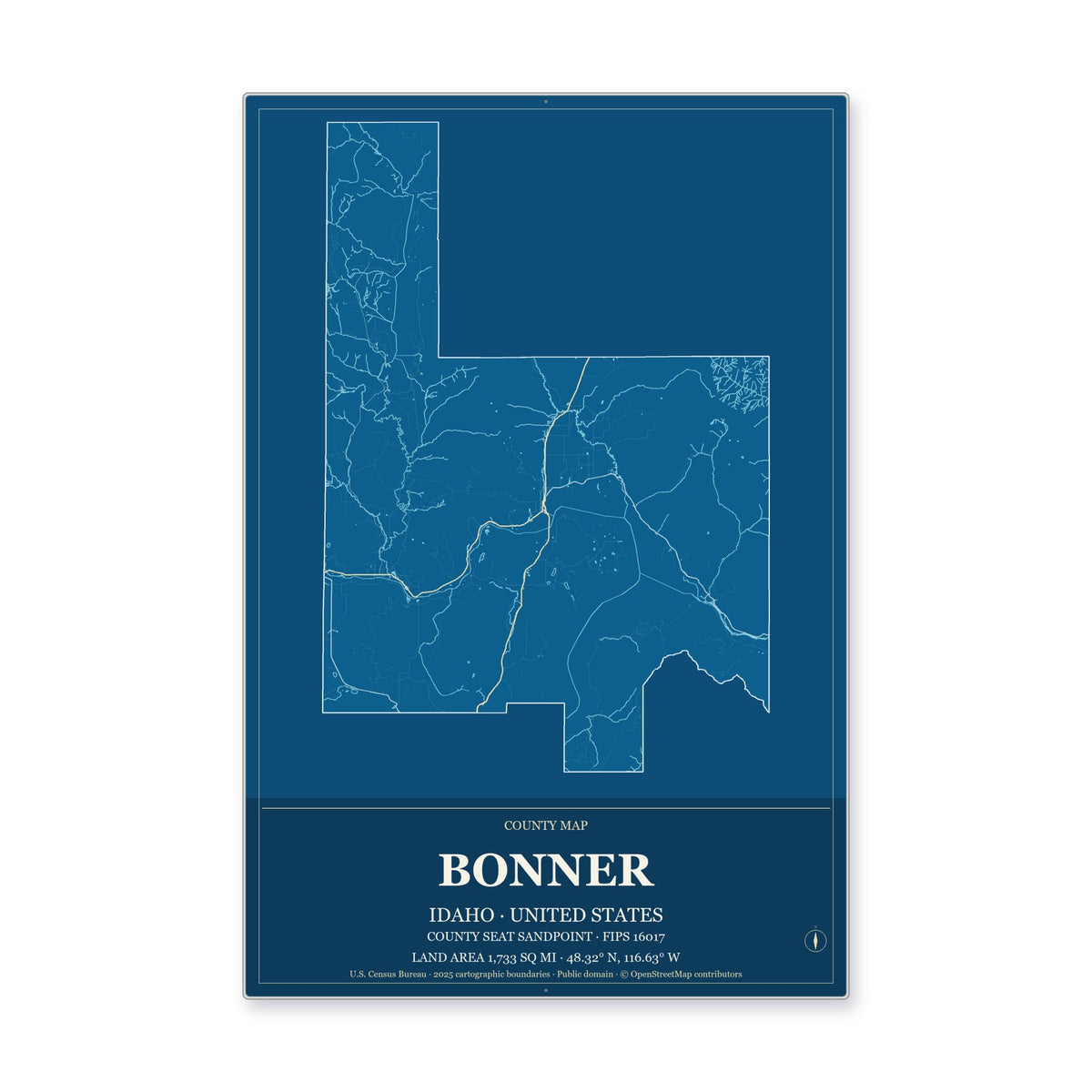 Bonner County, Idaho Map Aluminum Sign in Harbor Cobalt style