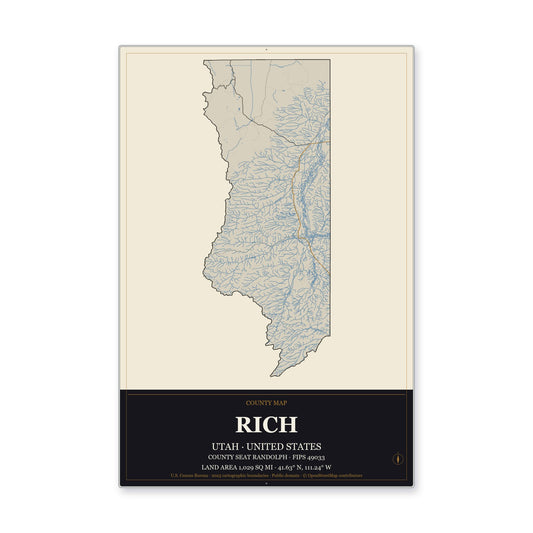 Rich County, Utah Map Aluminum Sign in Museum Plaque style