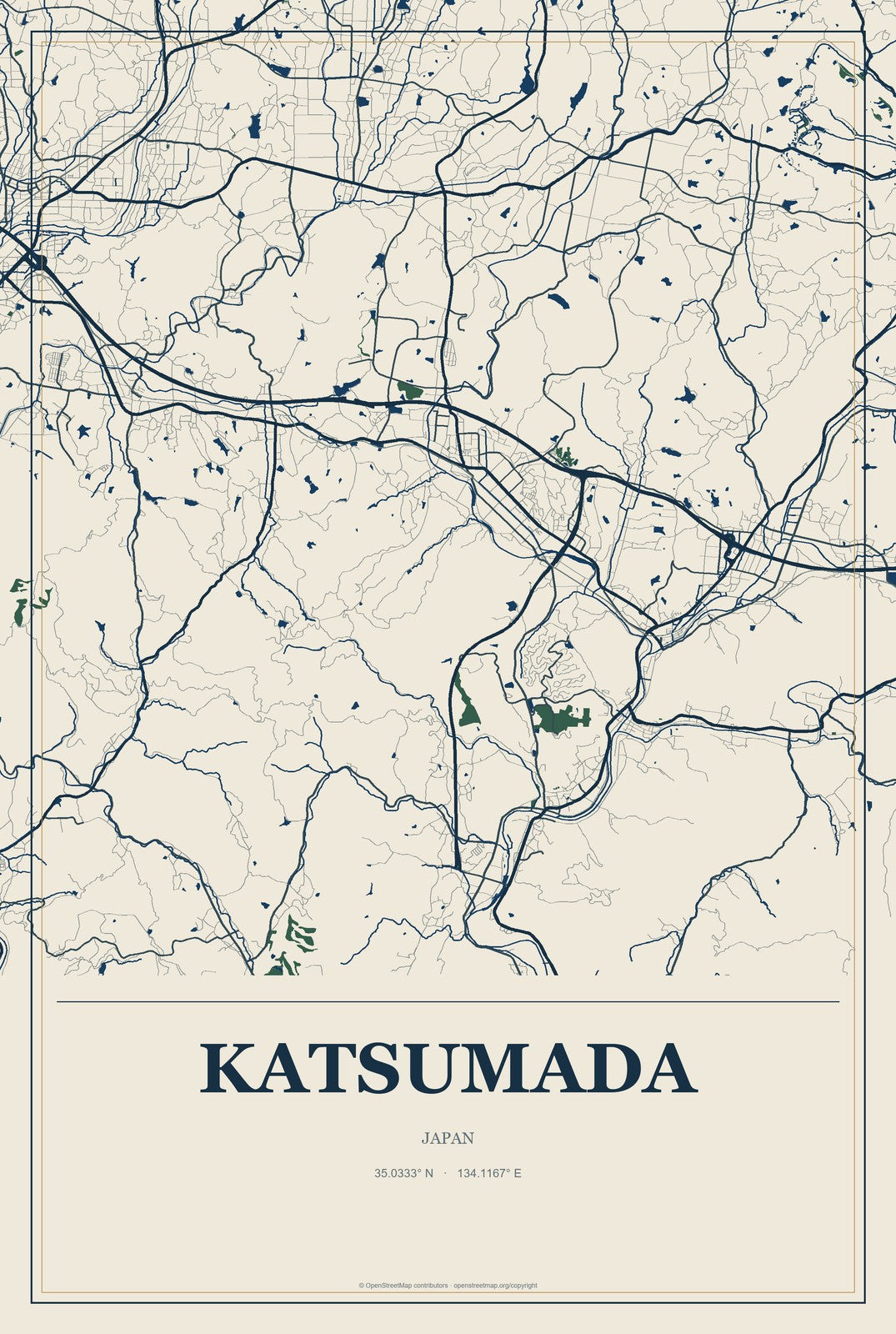 Katsumada, Japan City Map Aluminum Sign in Coastal Cutout style