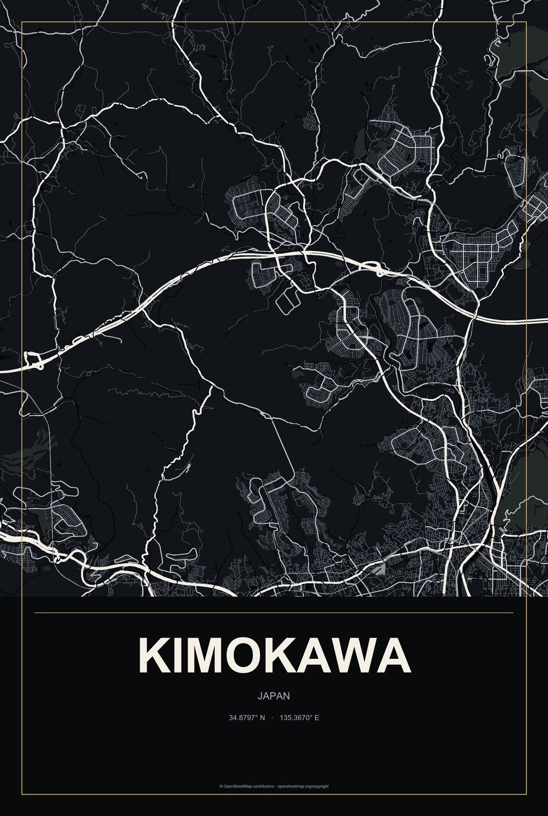 Kimokawa, Japan City Map Aluminum Sign in Metropolitan Noir style