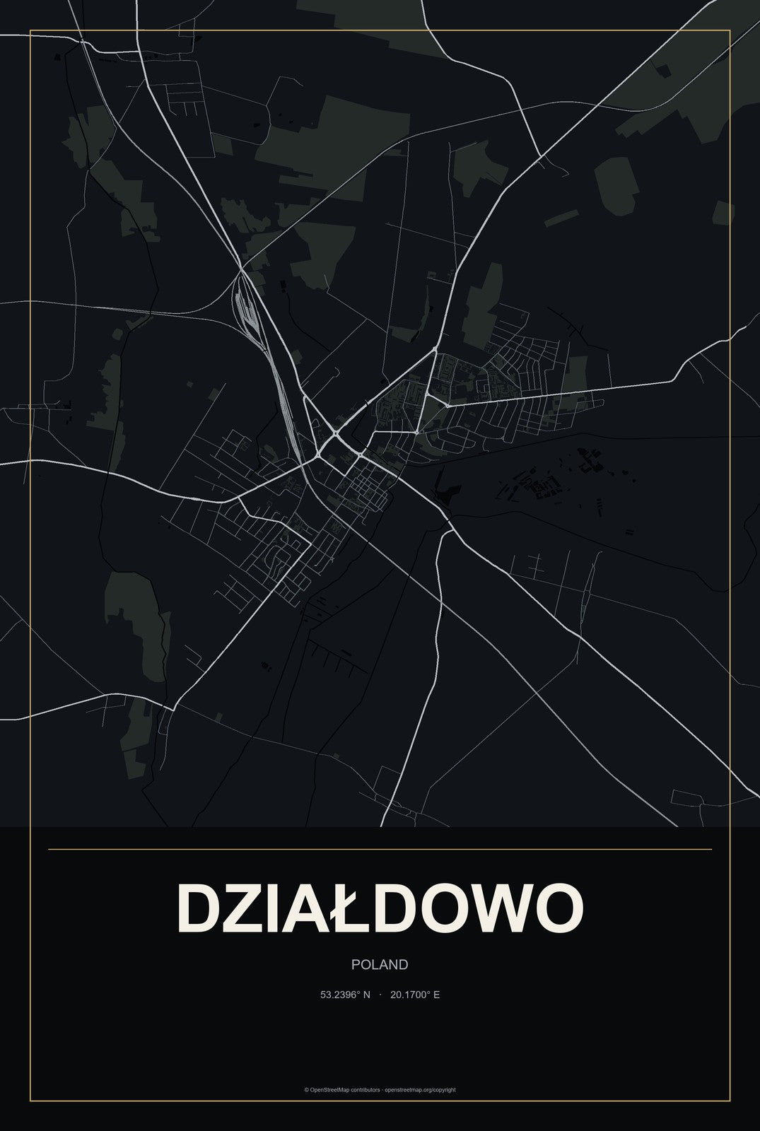 Działdowo, Poland City Map Aluminum Sign in Metropolitan Noir style