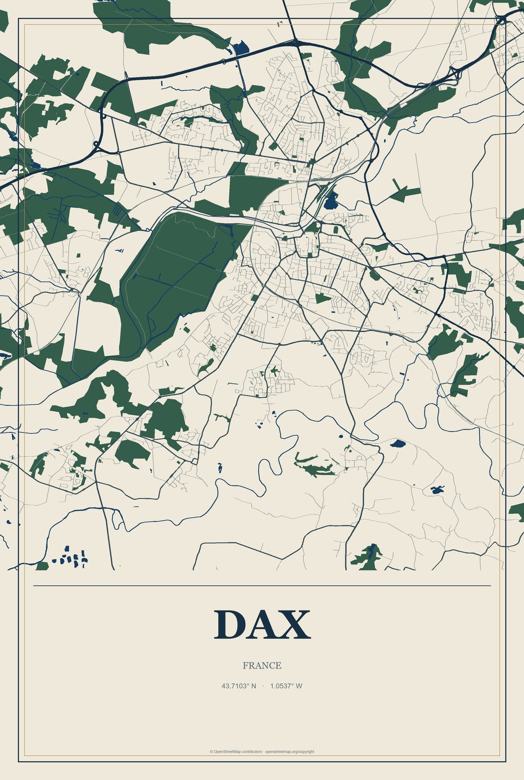 Dax, France City Map Aluminum Sign in Coastal Cutout style