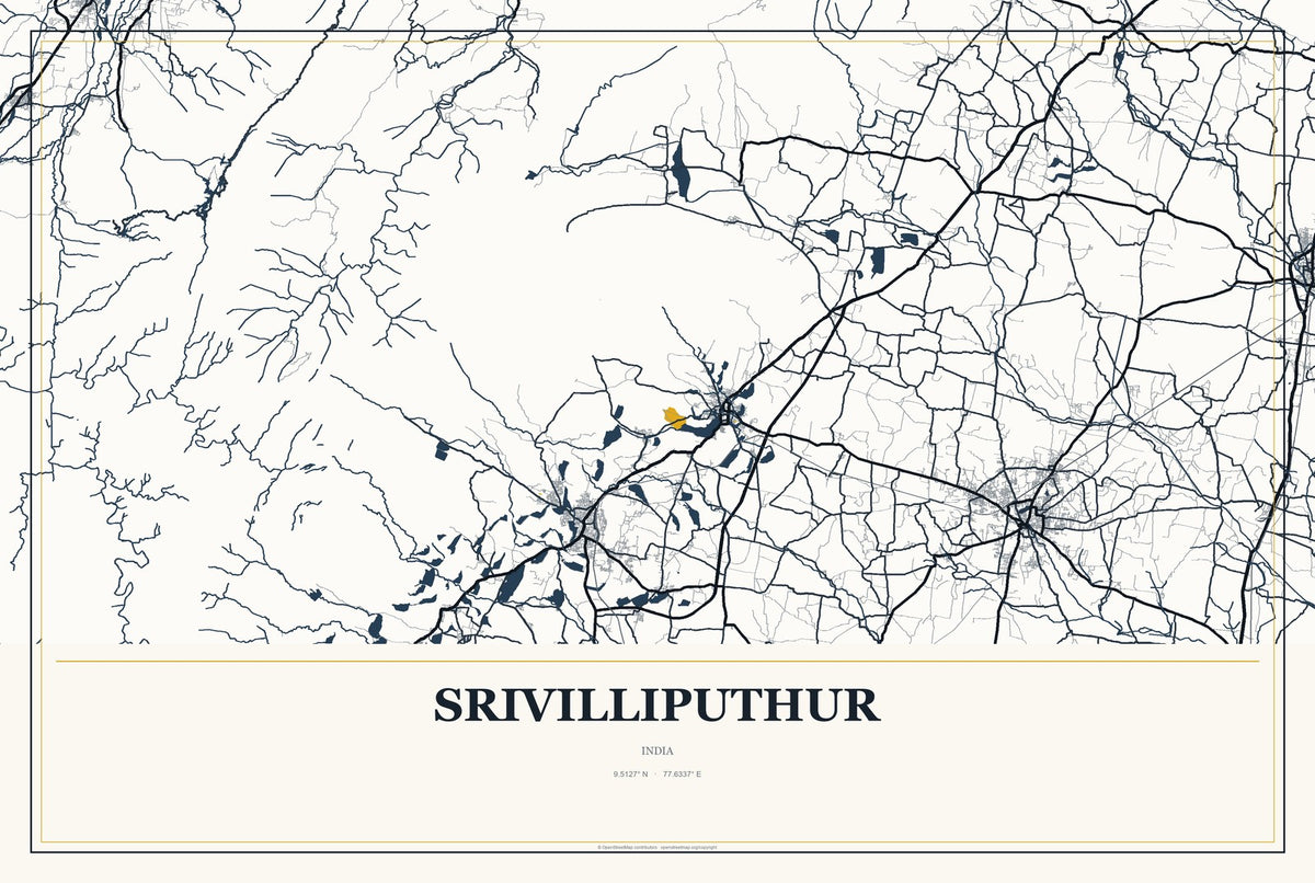 Srivilliputhur, India City Map Aluminum Sign in Citrine Modern style