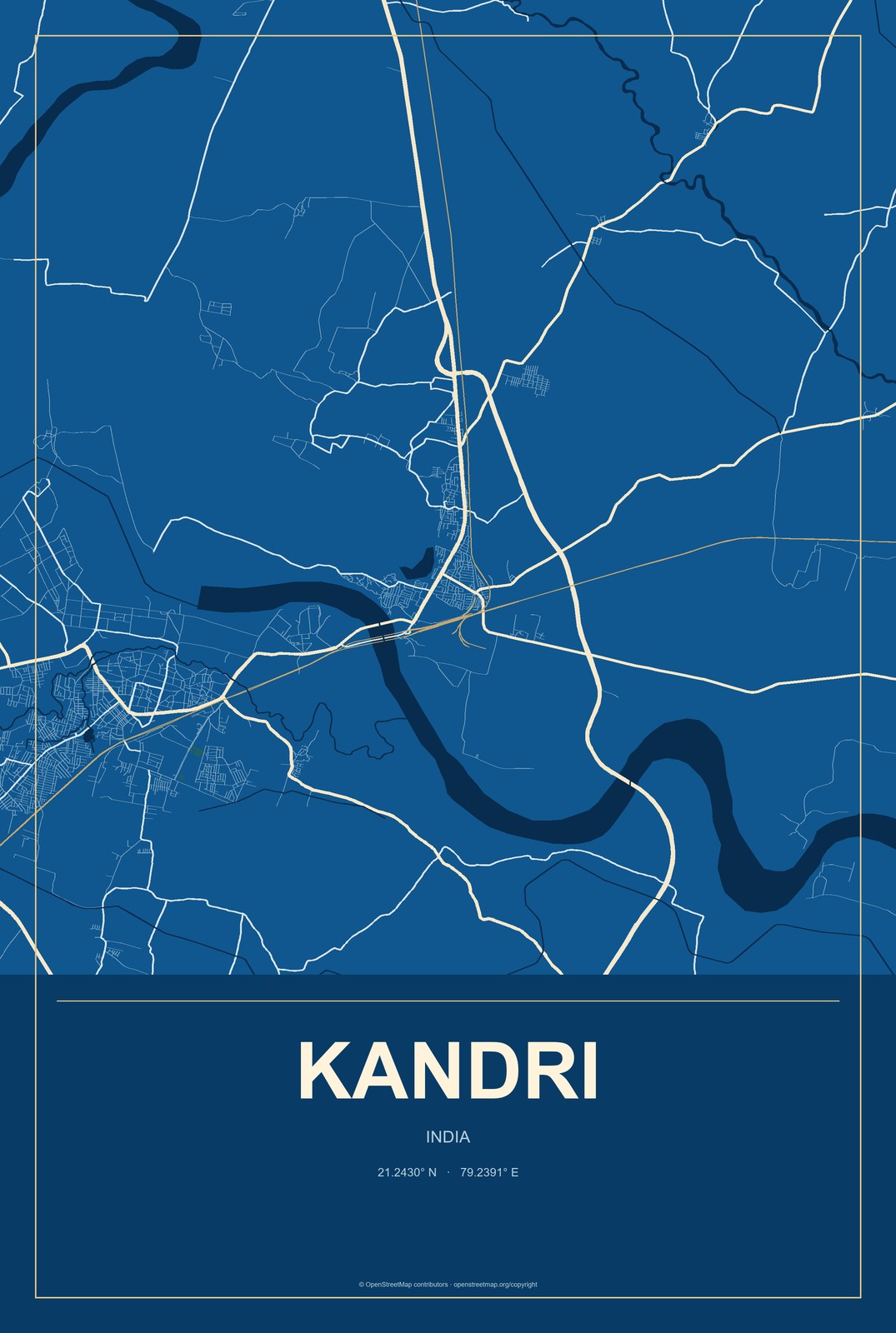 Kandri, India City Map Aluminum Sign in Harbor Cobalt style