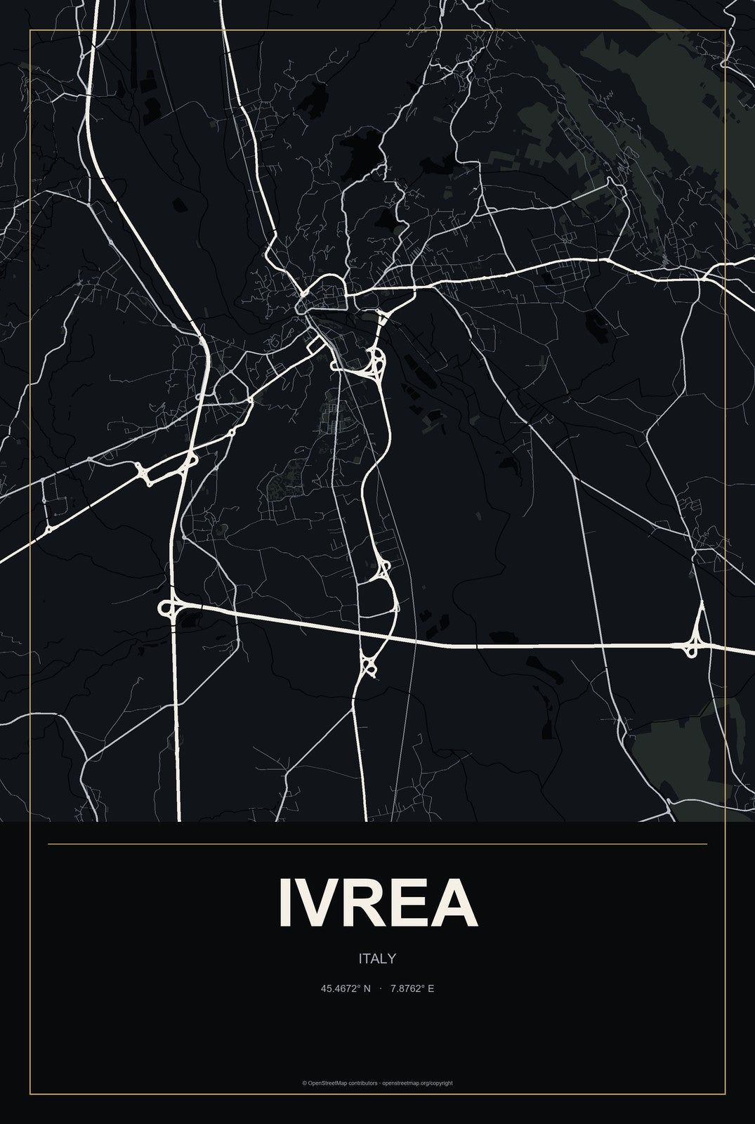 Ivrea, Italy City Map Aluminum Sign in Metropolitan Noir style