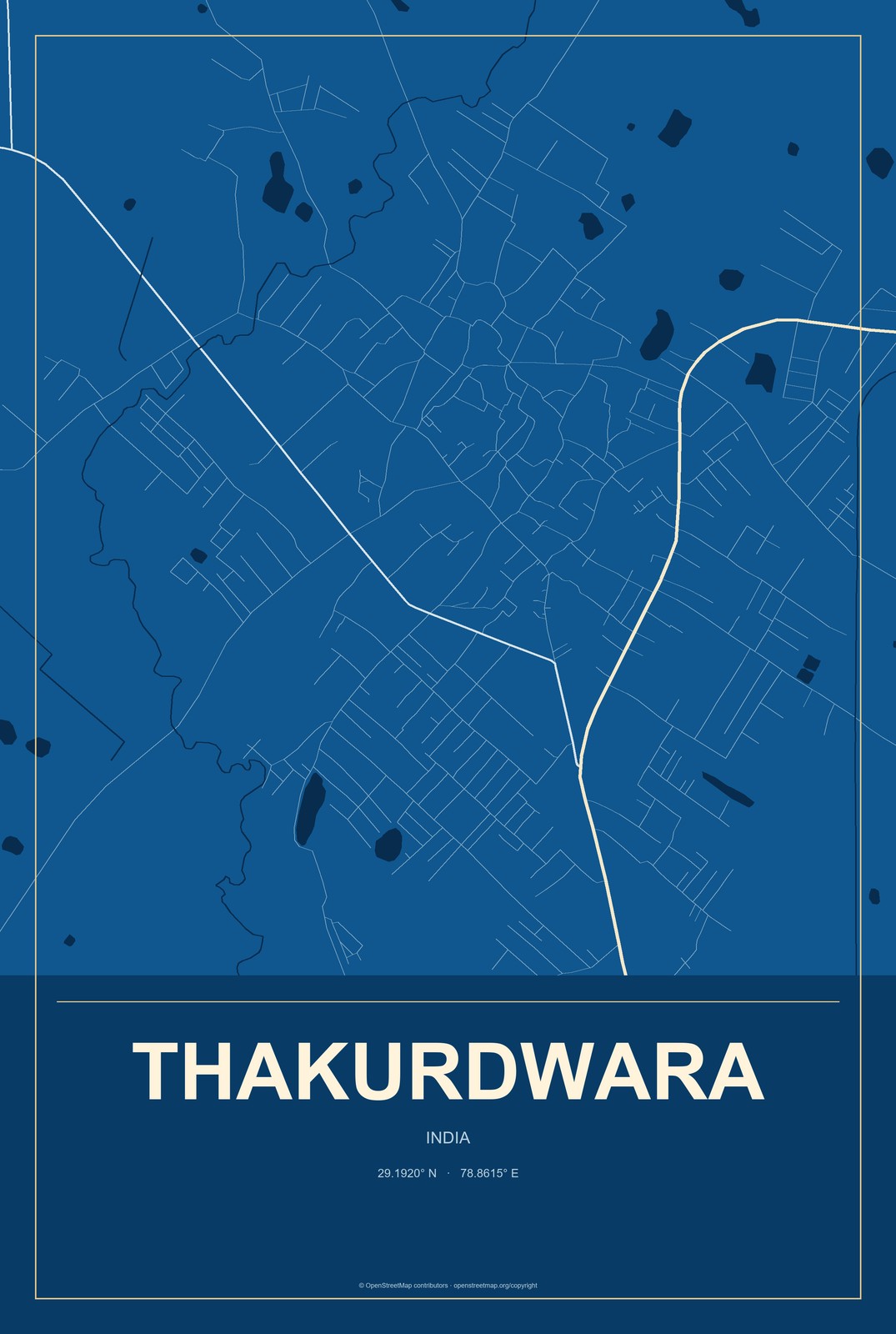 Thakurdwara, India City Map Aluminum Sign in Harbor Cobalt style