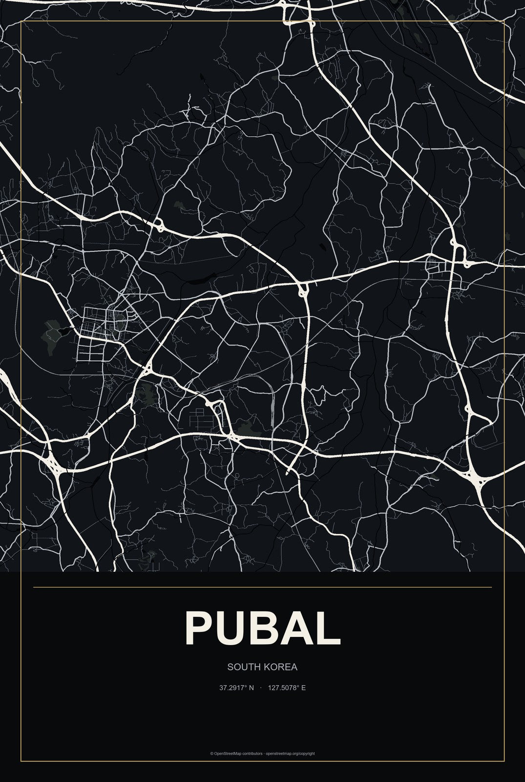 Pubal, South Korea City Map Aluminum Sign in Metropolitan Noir style