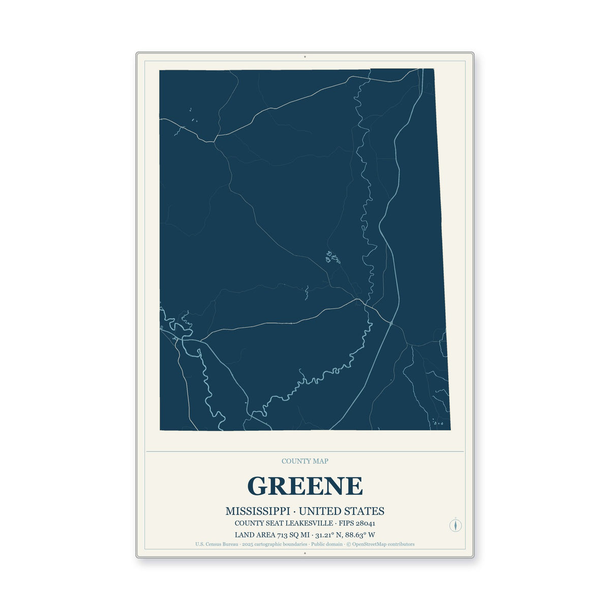 Greene County, Mississippi Map Aluminum Sign in Coastal Cutout style