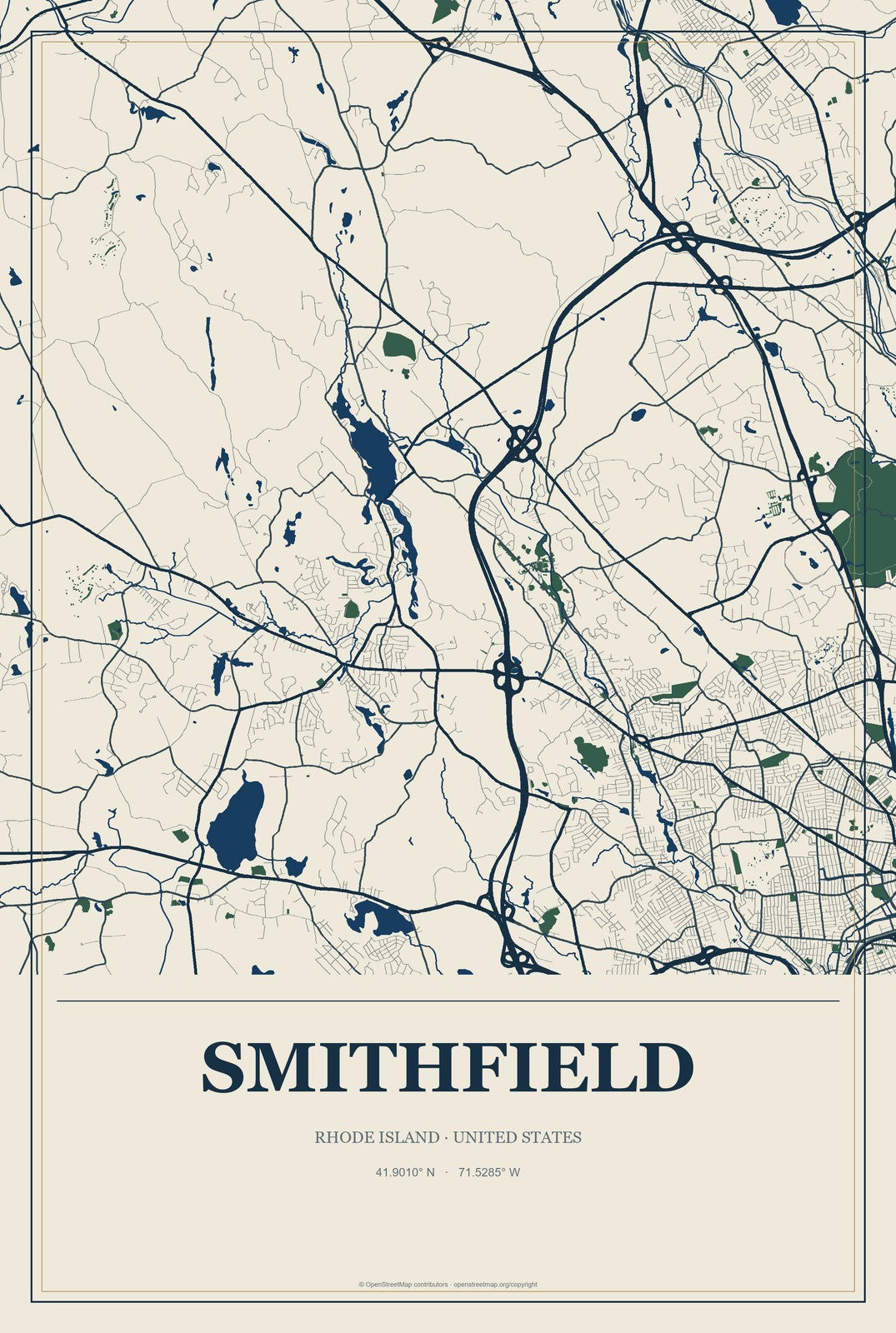 Smithfield, Rhode Island City Map Aluminum Sign in Coastal Cutout style