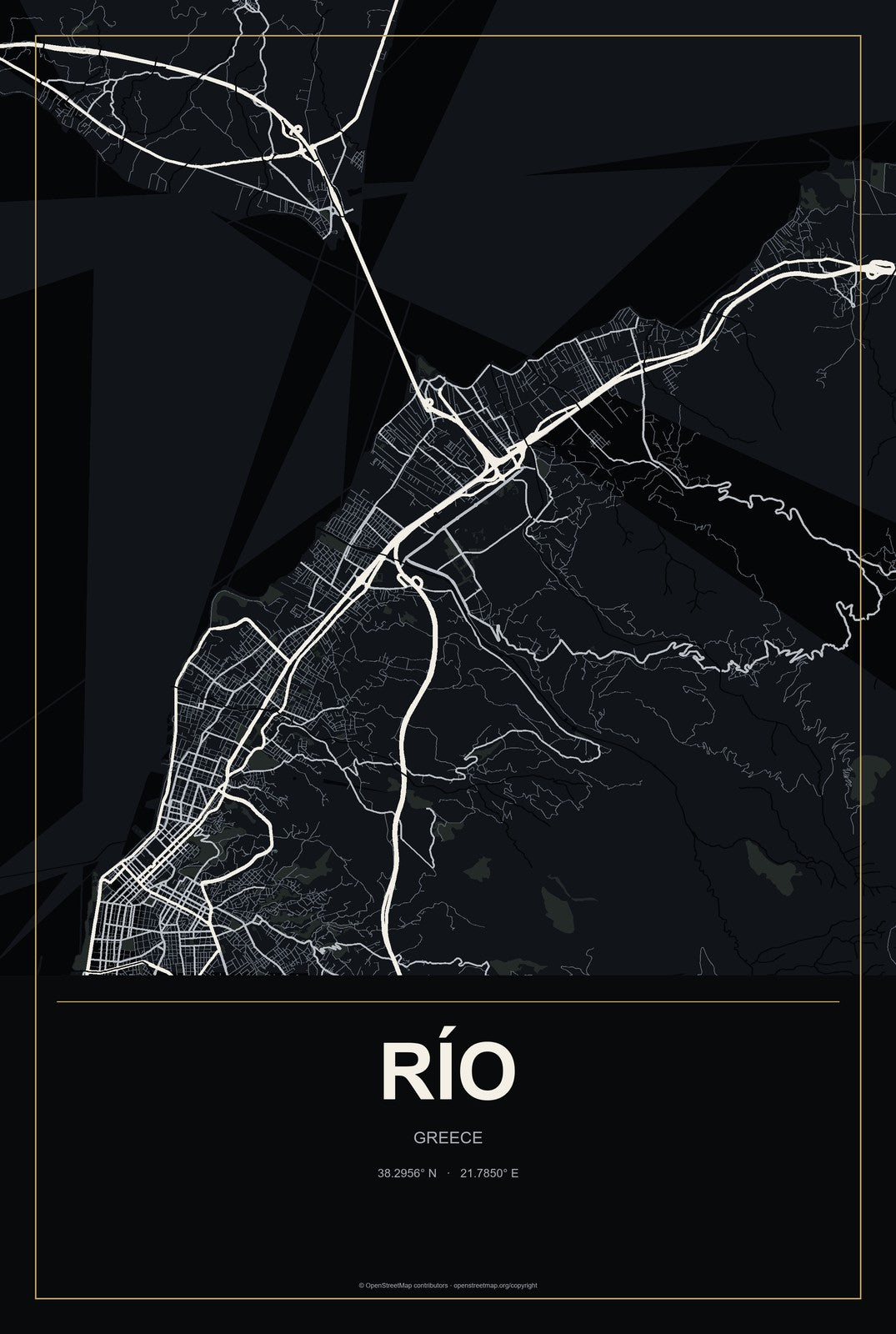 Río, Greece City Map Aluminum Sign in Metropolitan Noir style